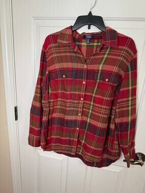 Chaps Denim Women's 100% Cotton Plaid Button Up Shirt Red Green Tan Plus 1X